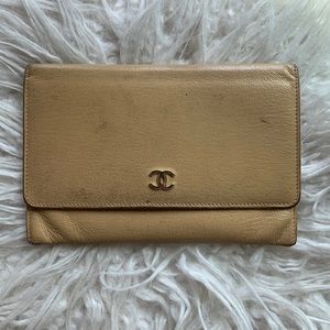 CHANEL Foldover Flap Wallet - Beige